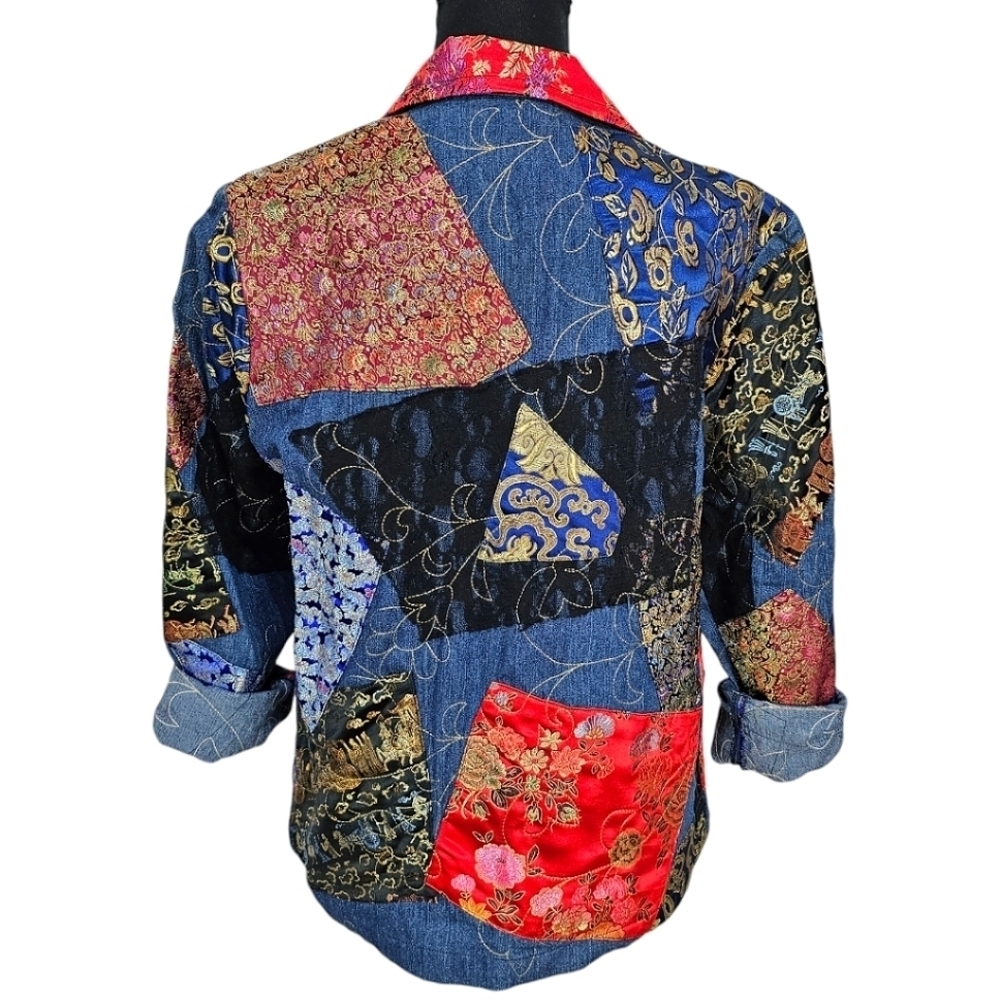 Chicos Patchwork Denim Jacket Womens Size Small Boho Jacquard Festival Vintage - Picture 5 of 16